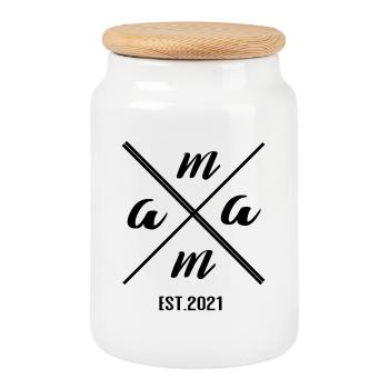 Mama Established 2021 – Minimalist Geschenk Design - Keksdose mit Holzdeckel - Weiß - Vorne