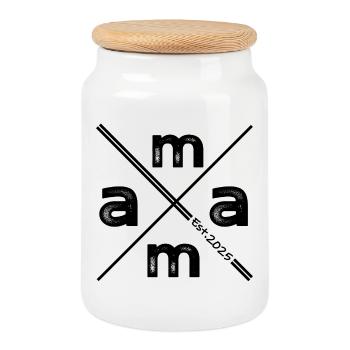 Mama Established 2025 – Vintage Minimalist Design - Keksdose mit Holzdeckel - Weiß - Vorne