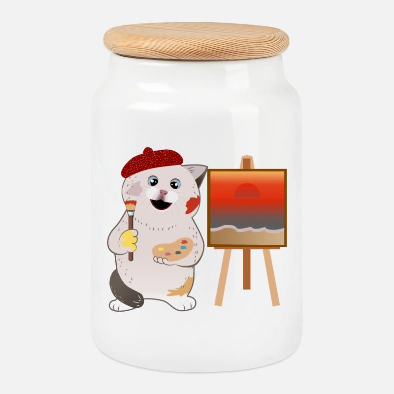 cute cat painter - Cookie Jar with Wooden Lid - white
