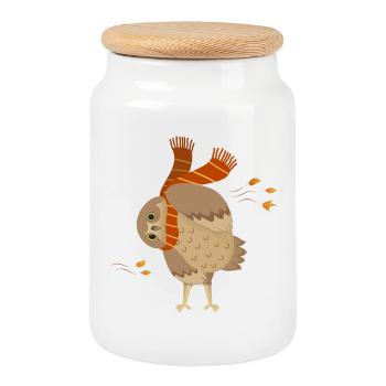 Hibou mignon de dessin animé portant une écharpe avec des feuilles qui tombent - Boîte à biscuits avec couvercle en bois - blanc - Devant