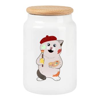 süße mollige Katze mit Pinsel und Palette - Keksdose mit Holzdeckel - Weiß - Vorne