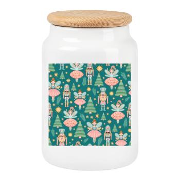 Whimsical Nutcracker Ballet Pattern - Cookie Jar with Wooden Lid - white - Front