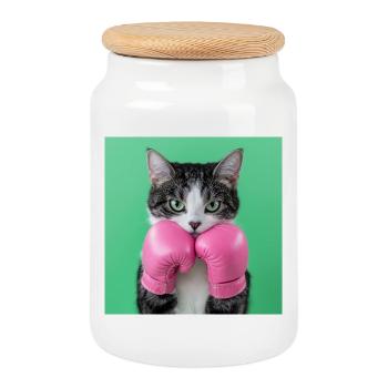Boxer cat : Mignon avec du punch - Boîte à biscuits avec couvercle en bois - blanc - Devant