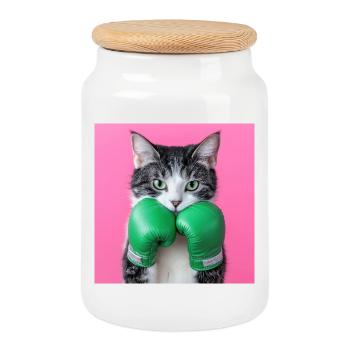 Green Punch : Boxer Cat Deluxe - Boîte à biscuits avec couvercle en bois - blanc - Devant