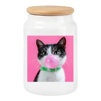 Bubblegum Cat : Mignon et coquin - Boîte à biscuits avec couvercle en bois - blanc - Devant