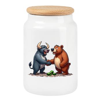 Marché boursier Taureau Ours Poignée de main Profit Cadeau - Boîte à biscuits avec couvercle en bois - blanc - Devant