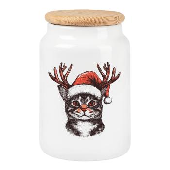 Cat with Christmas hat and antlers Christmas - Cookie Jar with Wooden Lid - white - Front