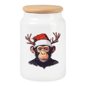 Singe avec chapeau de Noël et bois de Noël - Boîte à biscuits avec couvercle en bois - blanc - Devant