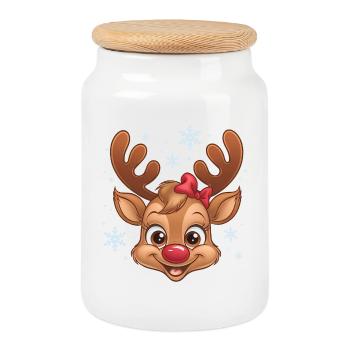 Cute Reindeer Girl with Snowflakes - Cookie Jar with Wooden Lid - white - Front