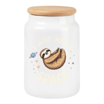 Sloth in Space Cartoon Design - Cookie Jar with Wooden Lid - white - Front