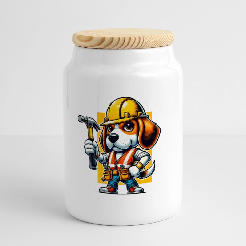 Beagle construction worker Cookie Jar with Wooden Lid