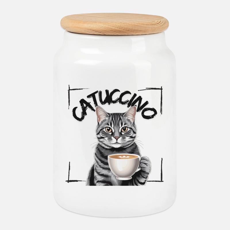 Catuccino Katze mit Tasse Kaffee - Keksdose mit Holzdeckel - Weiß