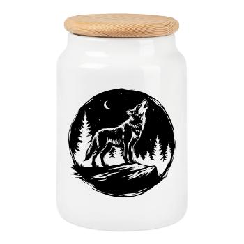 Black-and-White Stencil: Howling Wolf on a Rock - Cookie Jar with Wooden Lid - white - Front