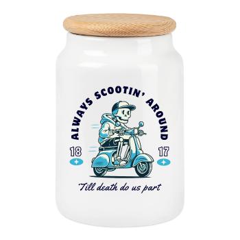 Skeleton on scooter design - Cookie Jar with Wooden Lid - white - Front