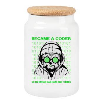 Became a Coder – Hacker Dog Binary Look - Cookie Jar with Wooden Lid - white - Front