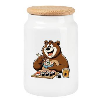 Sushi Bear Happy Maki Cadeau - Boîte à biscuits avec couvercle en bois - blanc - Devant
