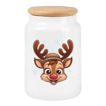 Mignon garçon renne avec chapeau de laine - Boîte à biscuits avec couvercle en bois - blanc - Devant