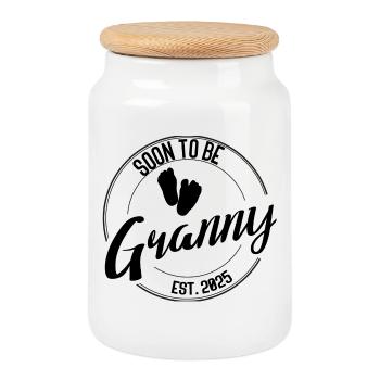 Soon to Be Granny – Gift for Grandmas-to-be 2025 - Cookie Jar with Wooden Lid - white - Front