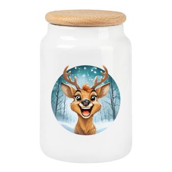 Festliches Rentier, verschneiter Winterlandschaft - Keksdose mit Holzdeckel - Weiß - Vorne