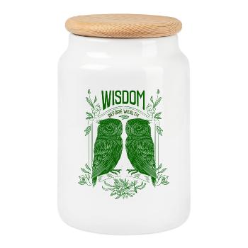 La sagesse avant la richesse – Hiboux symboliques - Boîte à biscuits avec couvercle en bois - blanc - Devant