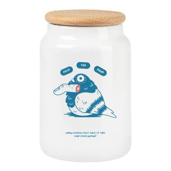 Peck The Hand That Feeds – Pigeon Design - Cookie Jar with Wooden Lid - white - Front