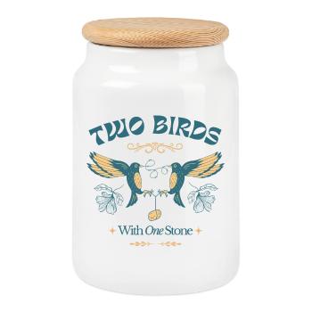 Two Birds One Stone – Vintage Vogelillustration - Keksdose mit Holzdeckel - Weiß - Vorne