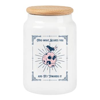 Find What Scares You – Skull with Bird - Cookie Jar with Wooden Lid - white - Front