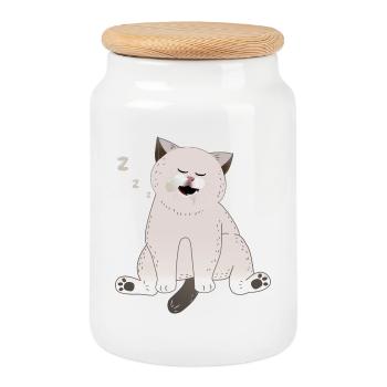 sleeping cat - Cookie Jar with Wooden Lid - white - Front