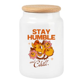 Restez humble et détendu - Vintage Cartoon Vibes - Boîte à biscuits avec couvercle en bois - blanc - Devant