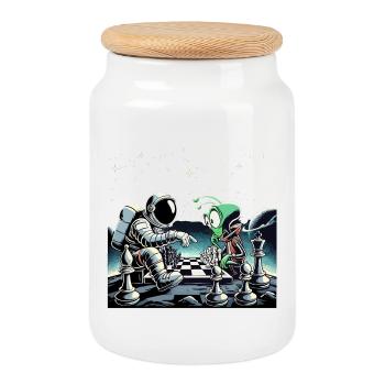 Astronaut Alien Schach Spiel Universum Geschenk - Keksdose mit Holzdeckel - Weiß - Vorne