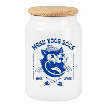 Make Your Luck – Nine Lives Katzenmotiv - Keksdose mit Holzdeckel - Weiß - Vorne