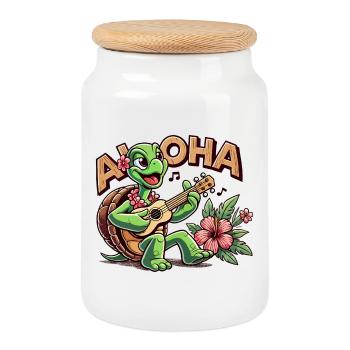 Aloha Schildkröte Ukulele Hawaii Hibiskus Geschenk - Keksdose mit Holzdeckel - Weiß - Vorne
