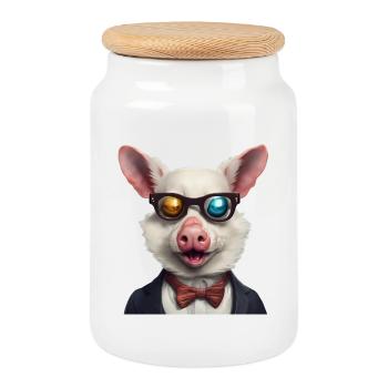 Humorvolles Schwein im schicken Anzug mit Sonnenbrille - Keksdose mit Holzdeckel - Weiß - Vorne