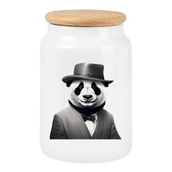 Elegant Panda in Classic Tuxedo and Fedora - Cookie Jar with Wooden Lid - white - Front