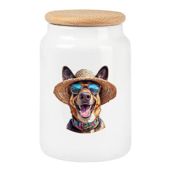 Berger allemand avec chapeau de paille et lunettes de soleil - Boîte à biscuits avec couvercle en bois - blanc - Devant