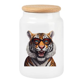Intelligent Tiger with Glasses Design - Cookie Jar with Wooden Lid - white - Front