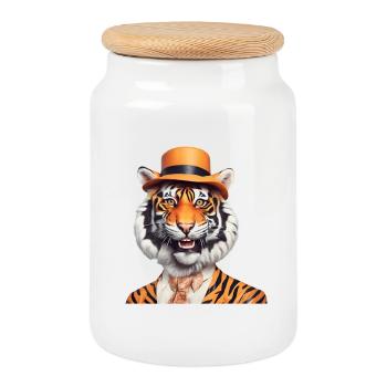 Victorian Tiger with Bowler Hat - Cookie Jar with Wooden Lid - white - Front