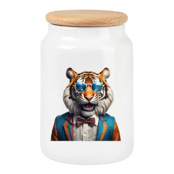 Tigre vibrant avec lunettes et costume rétro - Boîte à biscuits avec couvercle en bois - blanc - Devant