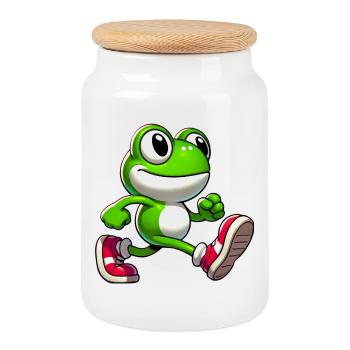 Frog - Cookie Jar with Wooden Lid - white - Front