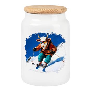 Ski des vaches - Boîte à biscuits avec couvercle en bois - blanc - Devant