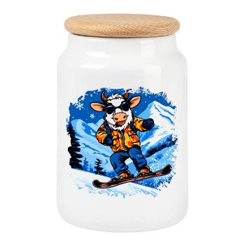 Vaches Snowboard / Vache Snowboardeuse - Boîte à biscuits avec couvercle en bois - blanc - Devant