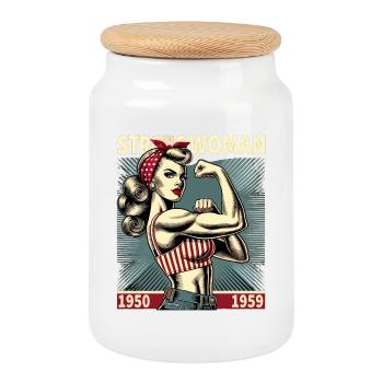 Stärke starke Power Frau Rockabilly retro Geschenk - Keksdose mit Holzdeckel - Weiß - Vorne