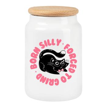 Born Silly, Forced to Grind – Funny Cat - Cookie Jar with Wooden Lid - white - Front