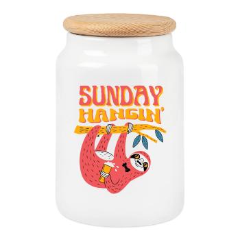 Sunday Hangin' – Funny Sloth Motif - Cookie Jar with Wooden Lid - white - Front
