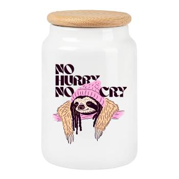 No Hurry, No Cry – Entspanntes Faultiermotiv - Keksdose mit Holzdeckel - Weiß - Vorne