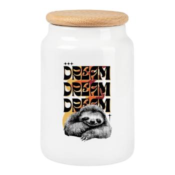 Dream Dream Dream – Retro Faultier - Keksdose mit Holzdeckel - Weiß - Vorne