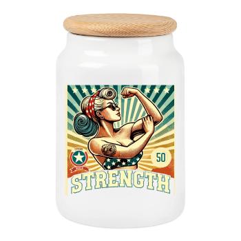 Stärke starke Power Frau Rockabilly retro Geschenk - Keksdose mit Holzdeckel - Weiß - Vorne