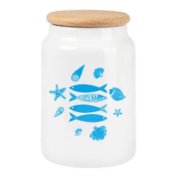 Underwater Sea Fish Pattern - Cookie Jar with Wooden Lid - white - Front