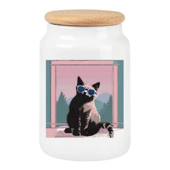 Cat in retro summer look - Cookie Jar with Wooden Lid - white - Front