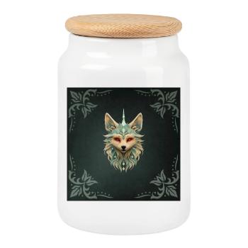 Mystical fox with piercing red eyes. - Cookie Jar with Wooden Lid - white - Front